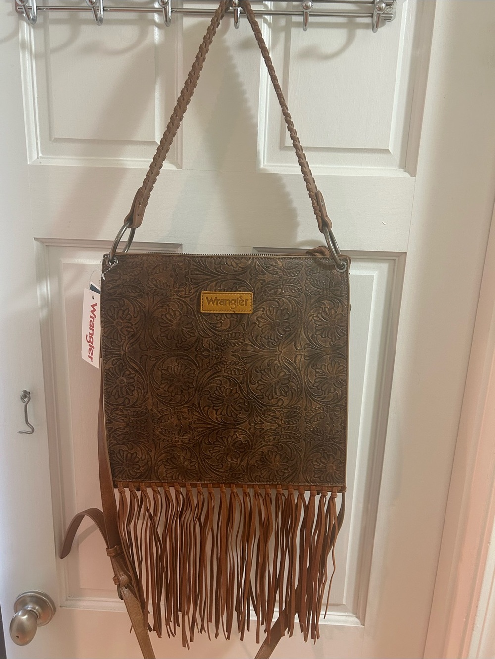 NWT Wrangler Brown Floral Embossed Fringe Crossbody Bag Zip Closure Western